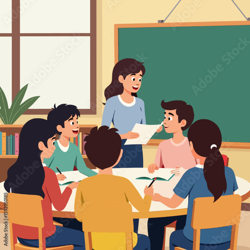 "Teacher and Student Interaction – Classroom Learning Vector"