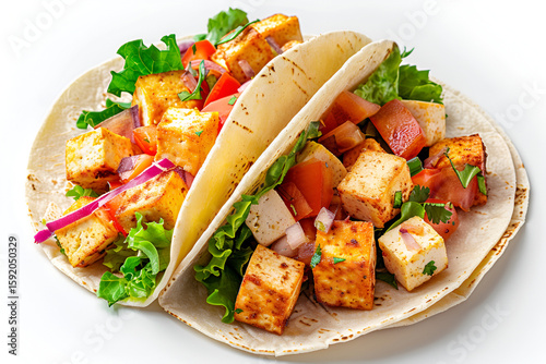 Delicious vegetarian tacos filled with grilled tofu, fresh vegetables, and vibrant greens, served on tortillas, showcasing a colorful and appetizing meal presentation