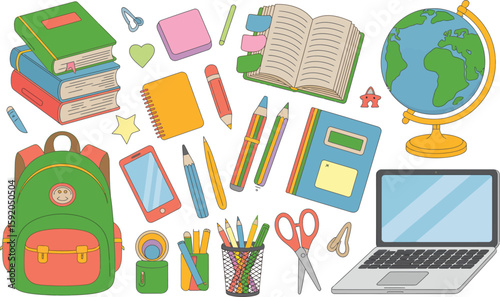 Illustration of school supplies including books, pencils, globe, clock, and backpack on white background