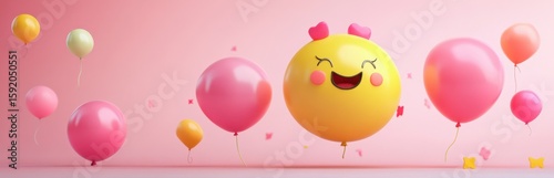 A cheerful cartoon balloon with a happy face floats among colorful balloons in a bright, festive background, perfect for joyful celebrations and events.