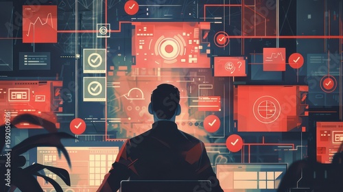 A person looking at multiple screens with red diagrams and checkmarks on a dark background