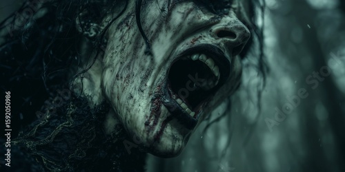 A dark character, witch banshee screams in a dark, eerie setting. The haunting atmosphere enhances the sense of horror and dread.