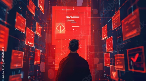 A man facing a large red screen with floating windows and digital interface elements all around him