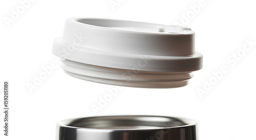 Bank reusable cup lid mockup hovering above blurred thermo mug, 3d rendering of drinkware top for sustainable beverage container branding, eco product and packaging design
