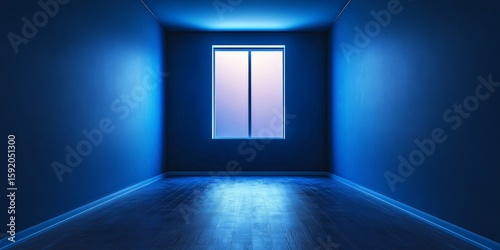 Interior view of a dimly lit room with neon blue lighting, emphasizing depth and space.