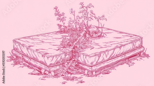 A dilapidated bed overgrown with plants