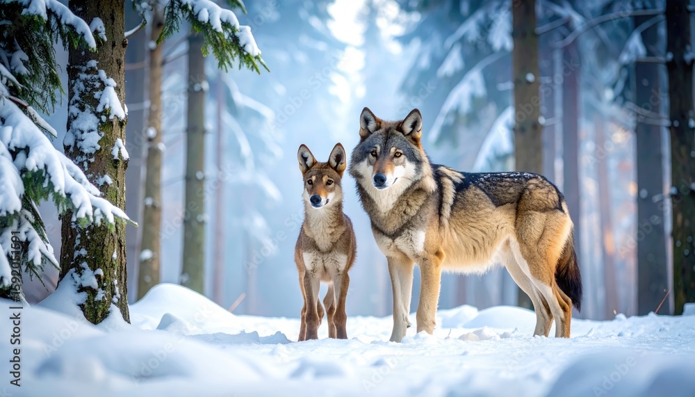 Fototapeta premium Two wolves in a snowy forest