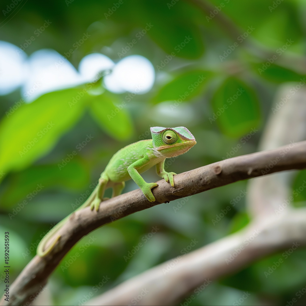 Obraz premium Chameleon lizard resting on branch in tropical forest with vibrant green nature background