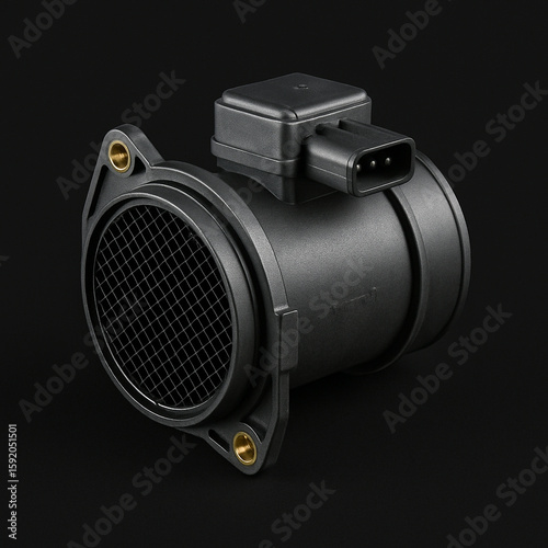 Automotive Mass Air Flow Sensor with Honeycomb Grid on Black Studio Background
