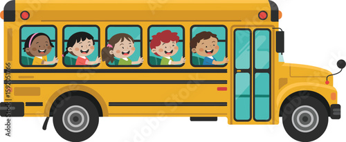 Cartoon illustration of a yellow school bus with children looking out the windows and waving hands