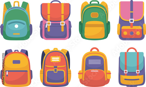 Illustration of eight colorful backpacks arranged in two rows on a white background design element