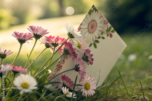 Delicate pink and white daisies nestled in green grass with a floral greeting card creating a soft and romantic scene perfect for spring or summer