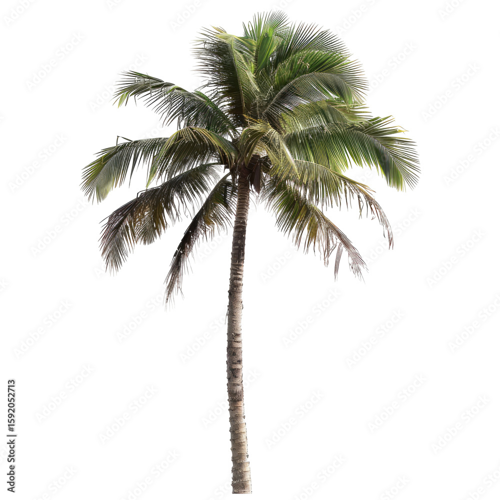 Obraz premium Isolated tropical palm tree, vibrant green foliage, tall trunk