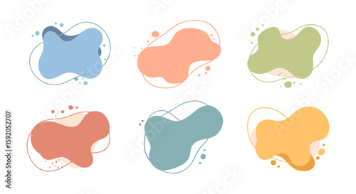 Abstract Fluid Shape Set: A set of six vibrant, amorphous shapes in various pastel colors, offering a versatile design element for modern aesthetics and creative projects.