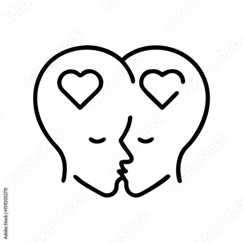 Two abstract human heads kissing with hearts symbolizing love  