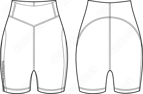 Women’s High Waist Biker Shorts Technical Flat Sketch, Activewear Design, Seam Detail, Vector Template, Sporty Leggings Style, Workout Fashion Illustration