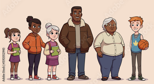 Inclusive Community: A diverse group of individuals, spanning generations and backgrounds, standing together, embodying unity and the beauty of community. 
