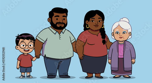 Happy Family Portrait: A heartwarming illustration captures the essence of family, with four generations united, showcasing a beautiful blend of ages and cultural representation.