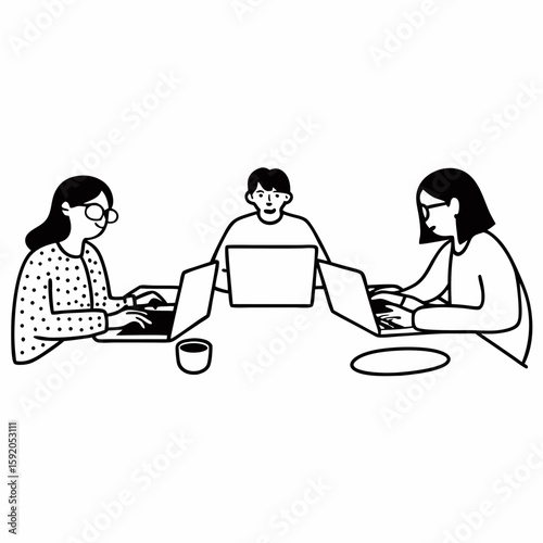 Line art of people from different professions collaborating in a shared coworking space, laptops and coffee on desk, clean outline illustration
