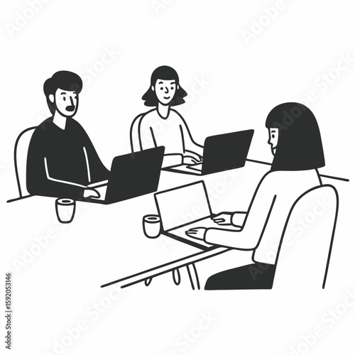 Line art of people from different professions collaborating in a shared coworking space, laptops and coffee on desk, clean outline illustration