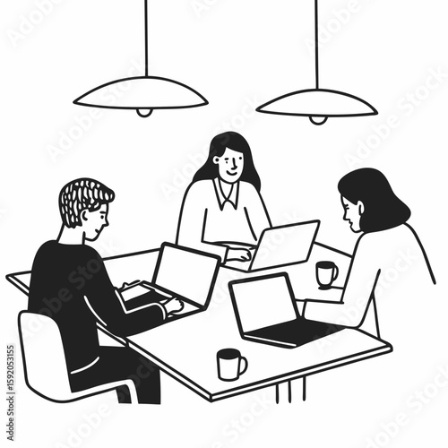 Line art of people from different professions collaborating in a shared coworking space, laptops and coffee on desk, clean outline illustration