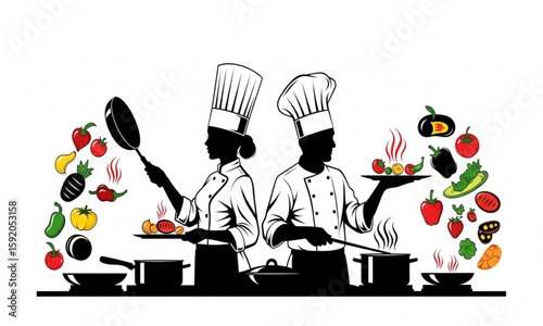 Chefs Silhouettes Cooking with Flying Vegetables | Professional Culinary Illustration for Restaurant Menus, Food Blogs and Recipe Design
