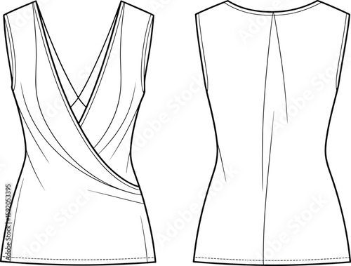 Sleeveless women’s wrap top fashion flat sketch, stylish draped front blouse, technical drawing for apparel design, fashion illustration vector