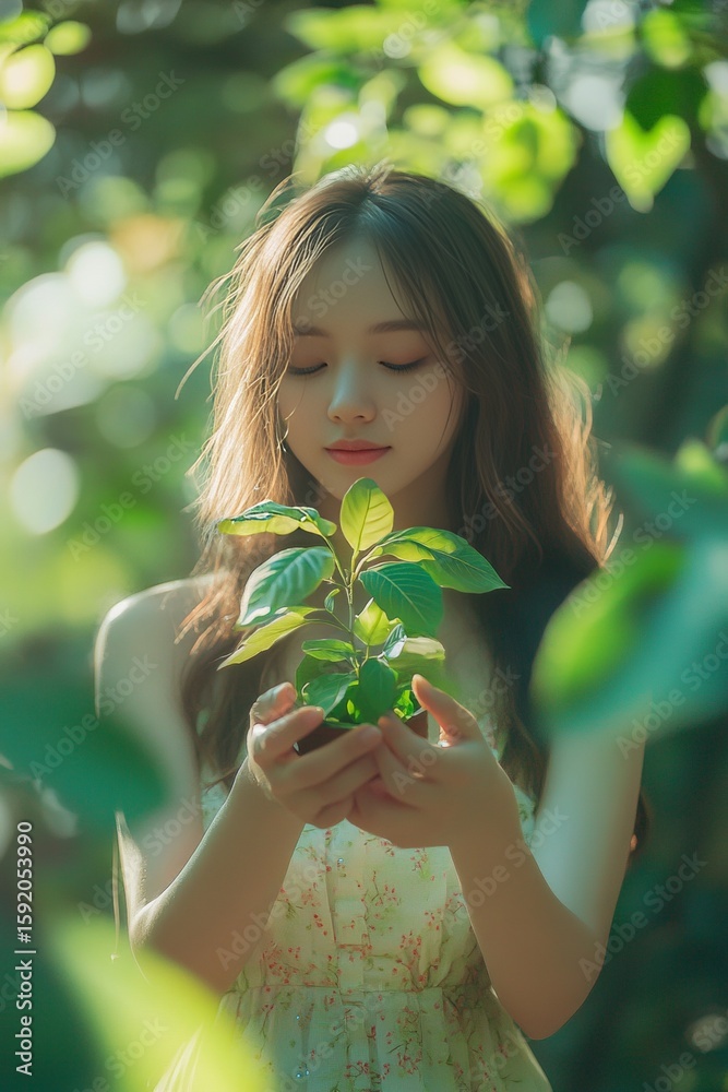 Woman in woods with new plant growth Woman in woods with new plant growth