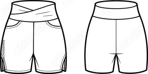 High-waisted crossover shorts, front and back view, women’s athleticwear vector, technical flat sketch,  