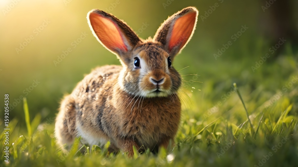Fototapeta premium Alert brown rabbit with sunlit ears sits in lush green grass