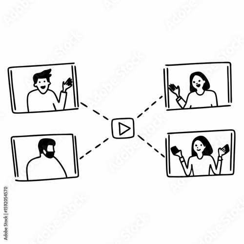 Line art of remote employees engaging in a virtual team-building activity on a video call, with fun icons and smiling faces, clean outline style