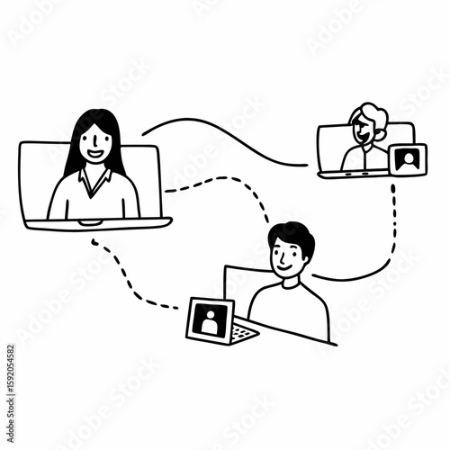 Line art of remote employees engaging in a virtual team-building activity on a video call, with fun icons and smiling faces, clean outline style