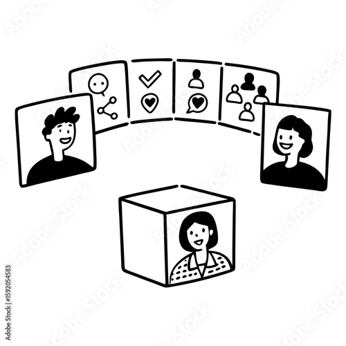 Line art of remote employees engaging in a virtual team-building activity on a video call, with fun icons and smiling faces, clean outline style