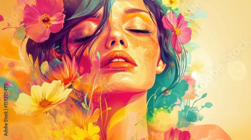 This vibrant portrait showcases a dreamy woman with closed eyes, serenely surrounded by colorful flowers. The artwork radiates positivity and beauty.
