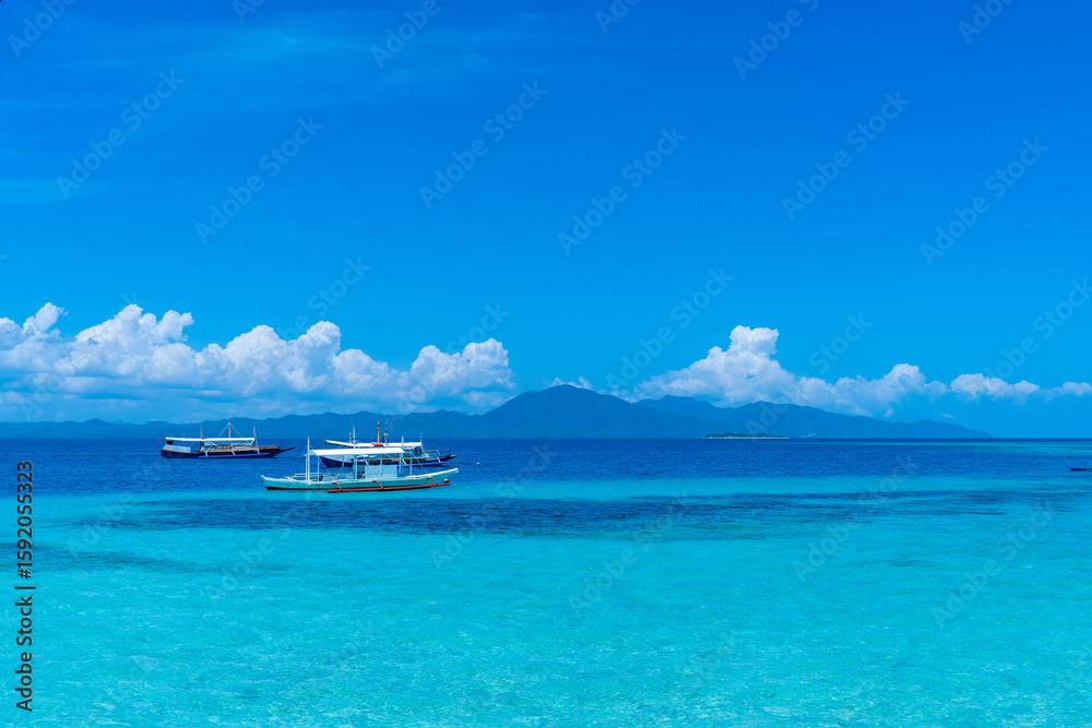 Obraz premium Palawan Vacation Beach Scene with Blue Skies White Clouds and Azure Sea