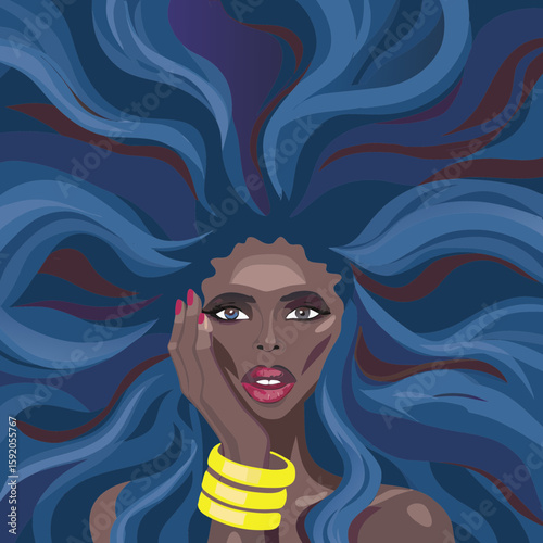 Stylized Woman Vector – Vibrant Portrait with Flowing Blue Hair, Dark Skin, Heterochromia Eyes, Yellow Bangles, Red Lips on Dark Background for Artistic, Surreal, and Bold Graphic Design

