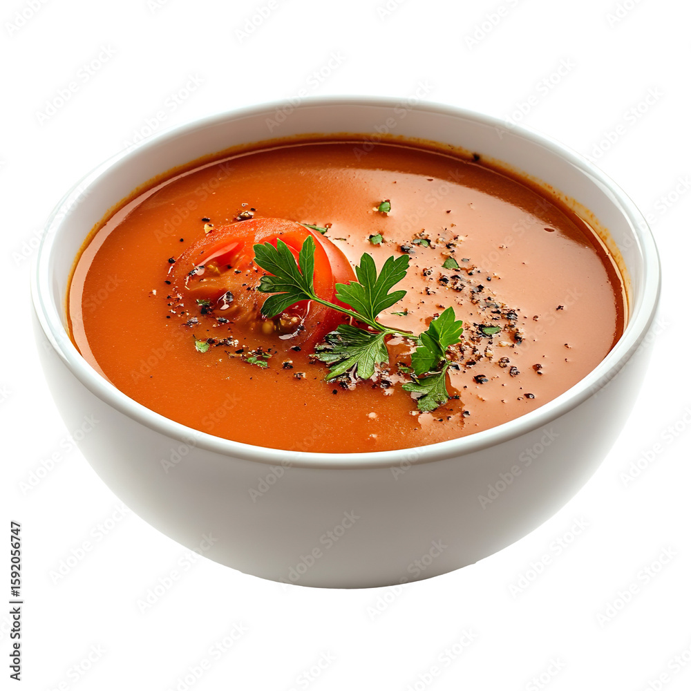 Tomato soup with herbs and black pepper in white bowl isolated on transparent background Tomato soup with herbs and black pepper in white bowl isolated on transparent background