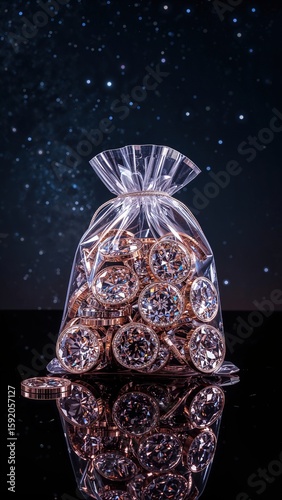 Sparkling bag of diamonds: luxurious gems under a starry night sky reflecting opulence
