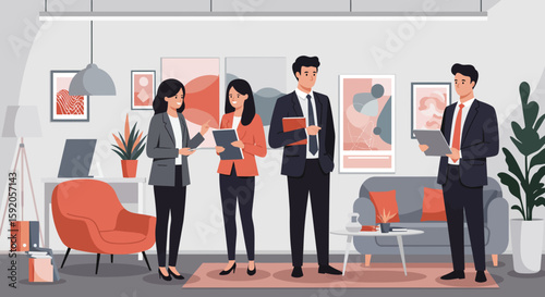 Three business professionals and one colleague in a modern office