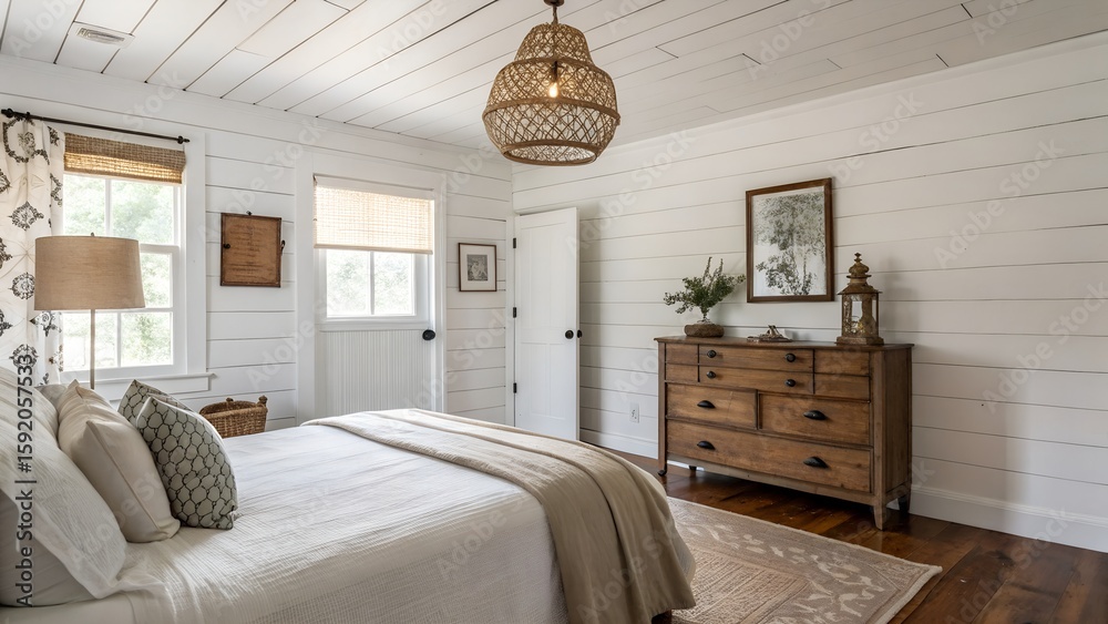 Fototapeta premium Farmhouse Bedroom with Shiplap Walls and Vintage Dresser