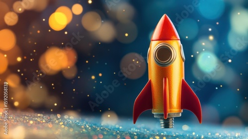 A vibrant retro rocket ship toy stands out against a sparkling bokeh background. This image captures the essence of childhood imagination and adventure.