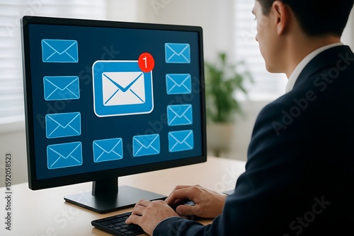 Man checking computer screen with multiple email icons and one unread message notification