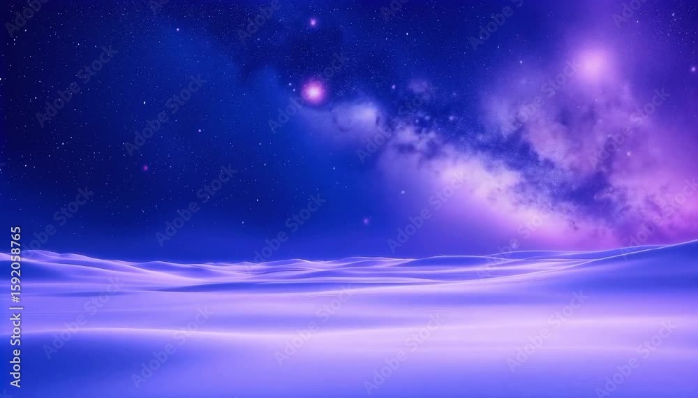Fantasy outer space scene with purple galaxy sky, glowing stars, and abstract dreamy terrain, perfect for futuristic or sci-fi themes.