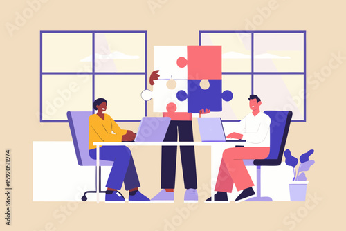 Collaborative puzzle solutions team uniting diverse perspectives creative problem solving office synergy teamwork