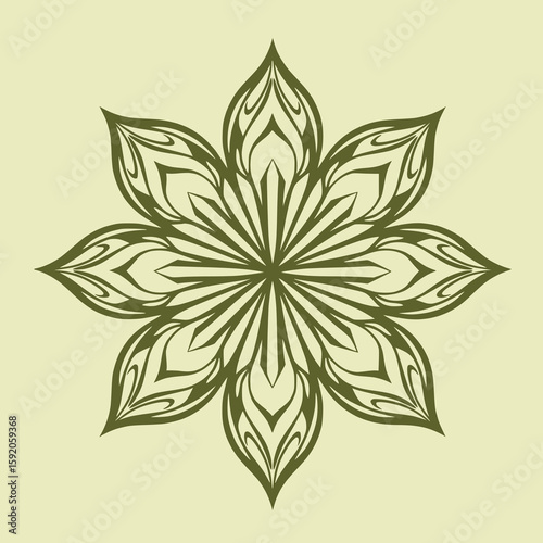 Leaf-inspired mandala with natural curves, filled with a solid olive green color botanical vector design