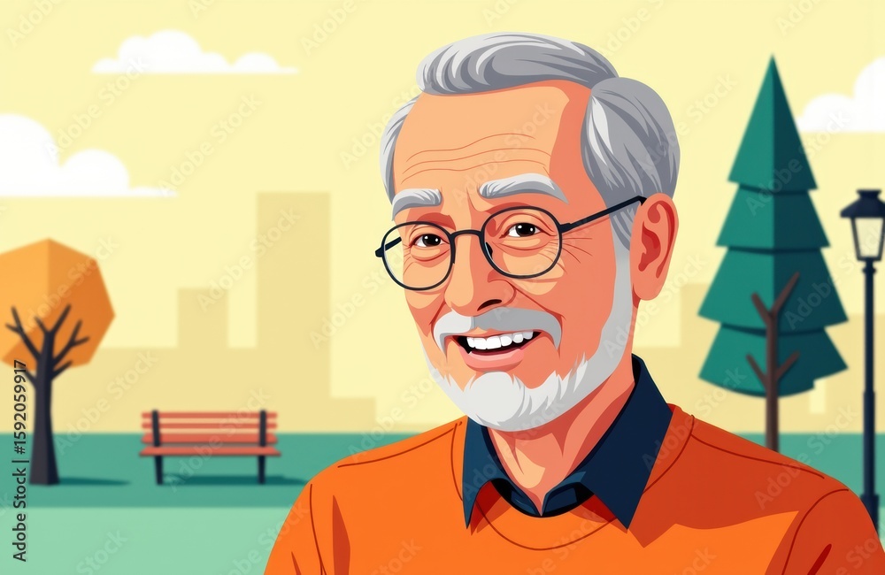 A smiling elderly man with gray hair and glasses outdoors in a park setting A smiling elderly man with gray hair and glasses outdoors in a park setting