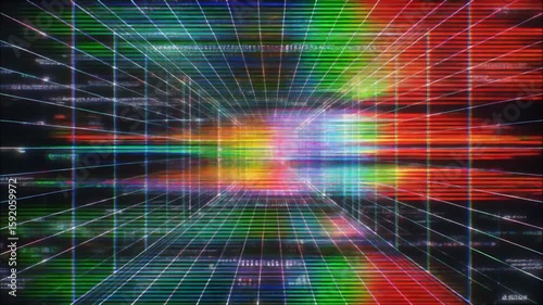 Quantum glitch matrix with digital particles and shifting code grid in flickering cyberpunk simulation for AI loop visuals