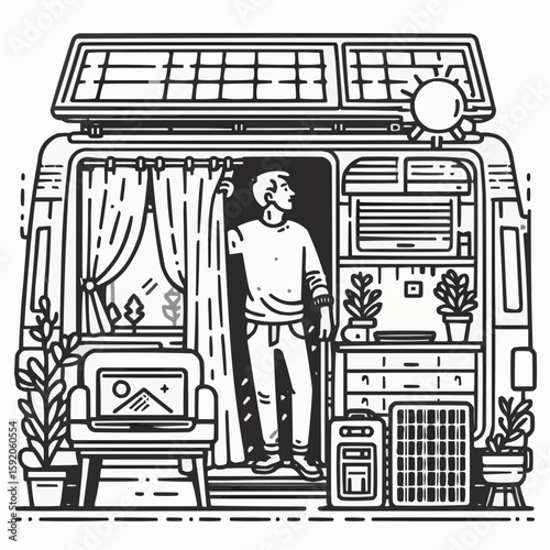 Man standing in a smart camper van with plants and solar panels, enjoying nature
