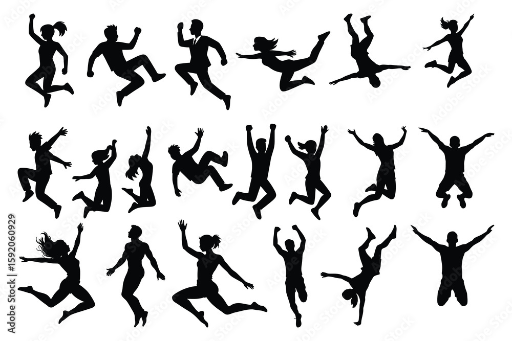 Diverse people jumping celebrating freedom black silhouettes Diverse people jumping celebrating freedom black silhouettes