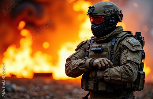 A soldier in tactical gear stands in front of a large fire with intense flames and smoke in the background